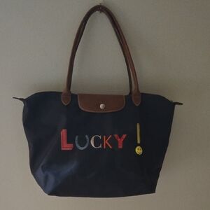 Longchamp Limited Edition Le Pliage Navy Shoulder Tote with Lucky Signage